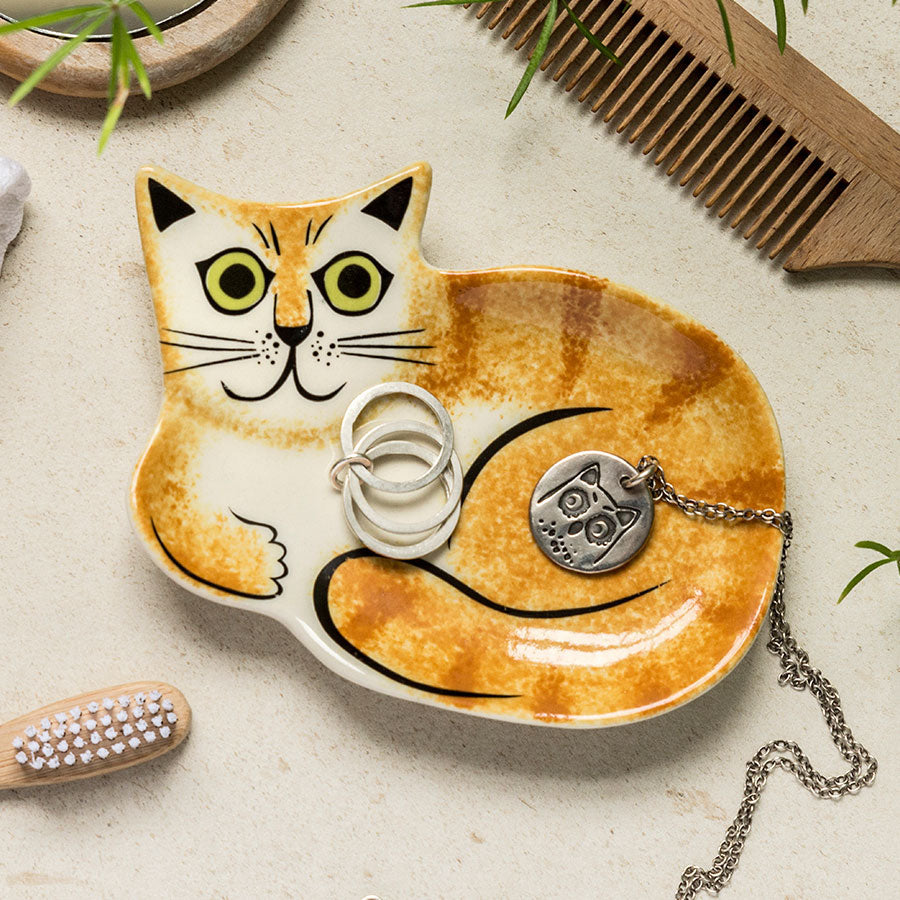 Vide poche chat tigré roux en céramique fait main