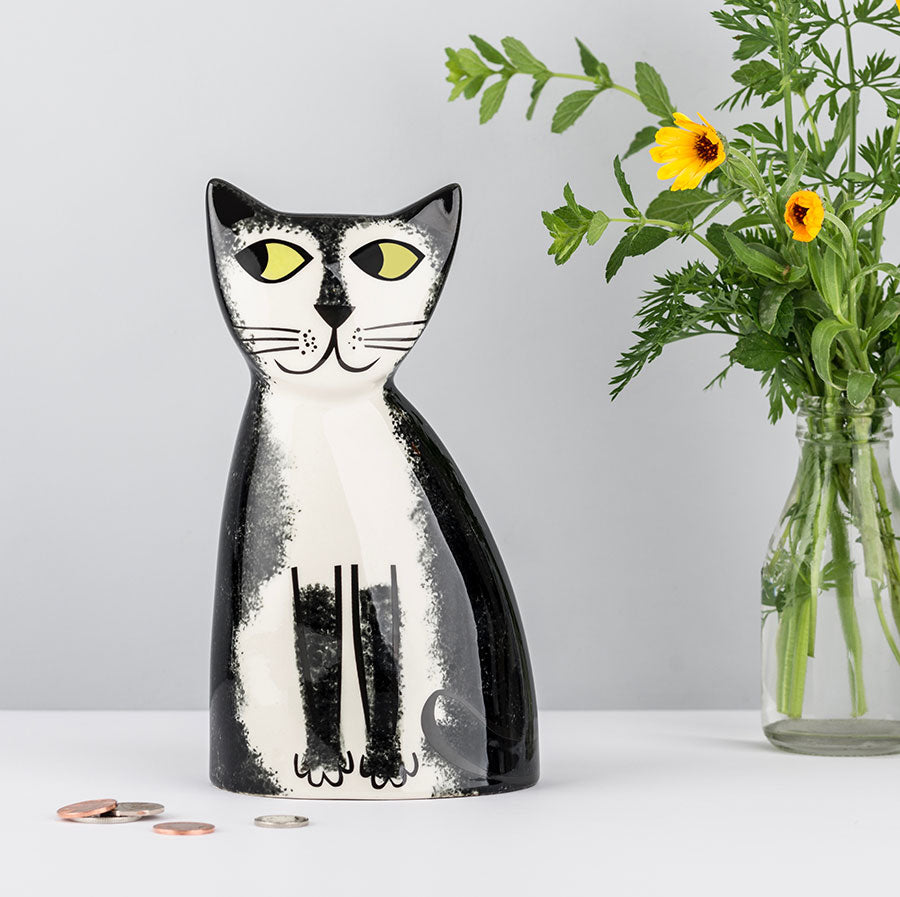 Tirelire Chat Noir et Blanc en Céramique Faite Main
