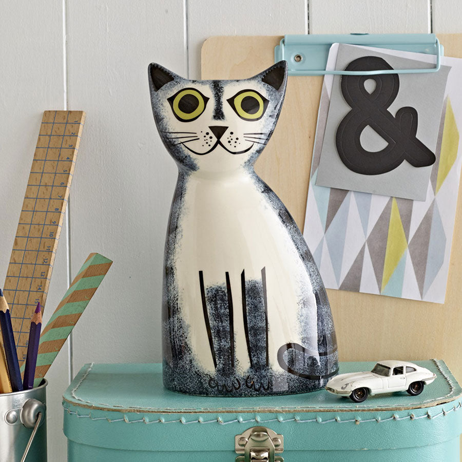 Tirelire chat tigré gris